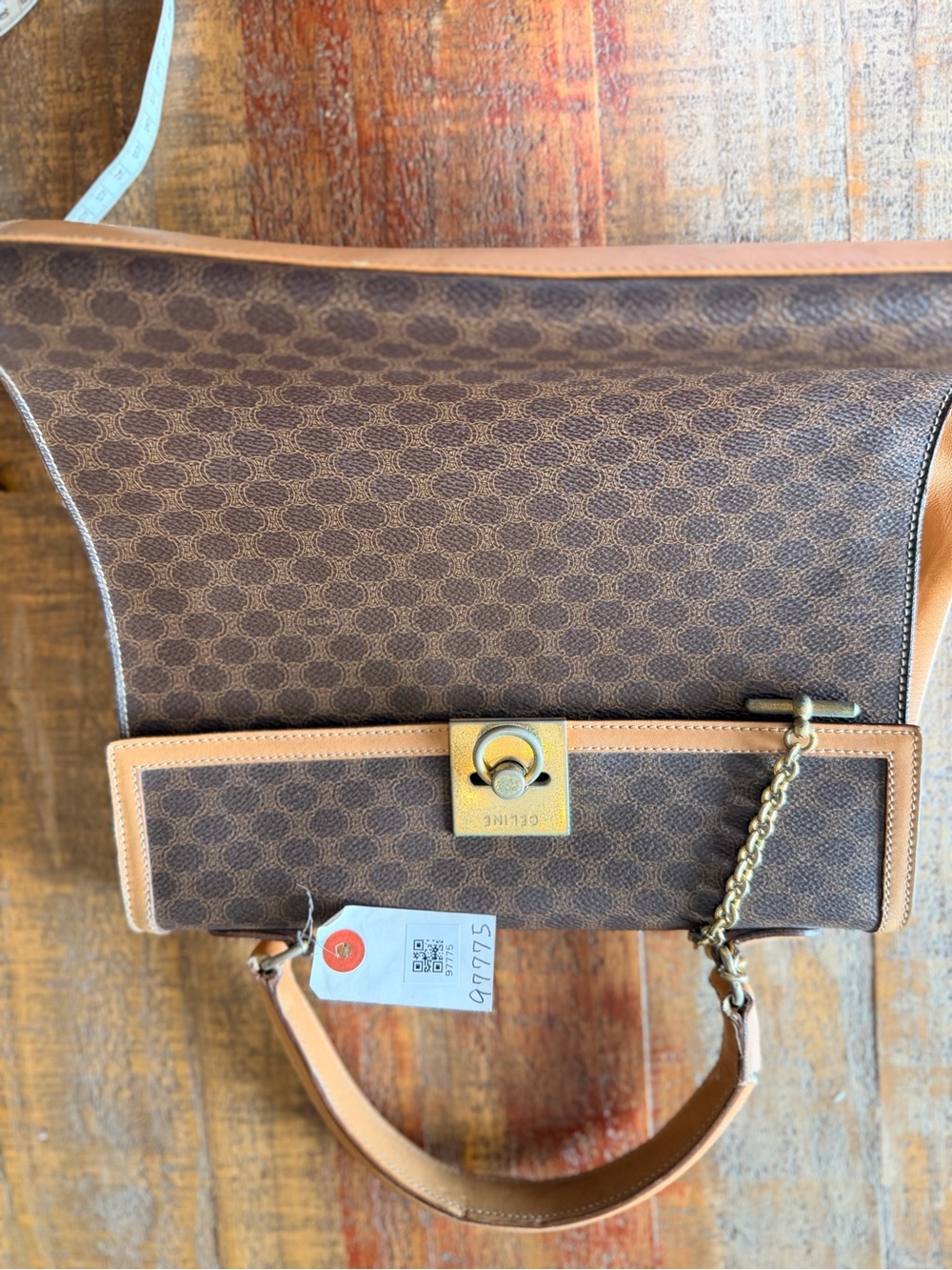 Celine Brown and Tan Monogram Shoulder Bag with Chain Accent